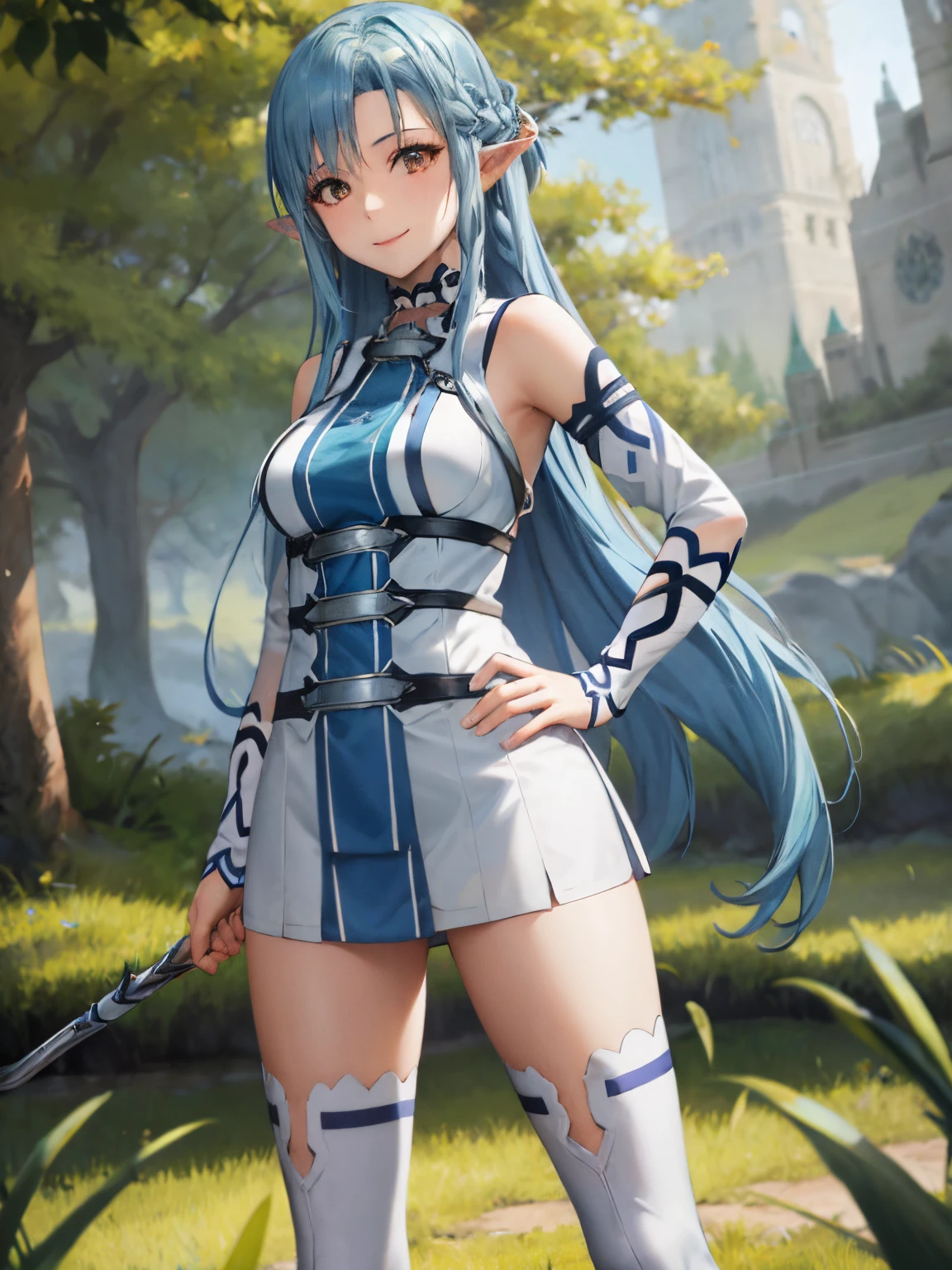 hight resolution, ​masterpiece、独奏、top-quality、1 girl in、crisp image、Asuna, masutepiece, Hands on the hips、the woods、Light blue hair, Brown eyes, medium breasts, Long hair, braid, Kotovo,, White and blue uniform, White boots,, Looking at Viewer, Smile,