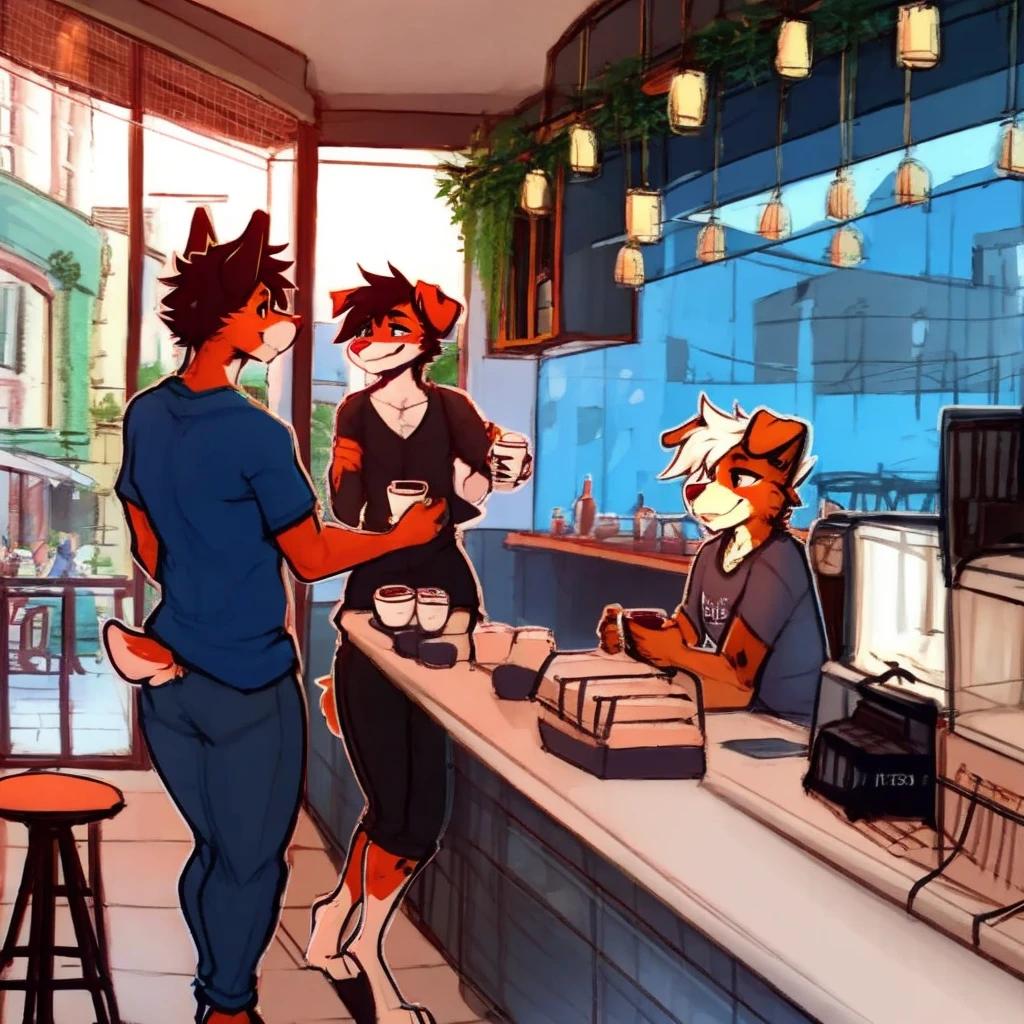 anthro,(feminine) male, Australian shepherd, wearing baggy pants and black t-shirt+, cafe, window view, serving coffee, green and red apron, by Zackary911, by Wizzkit, by anixs, detailed feminine male body, high quality, anatomically correct, detailed face, fluffy hair