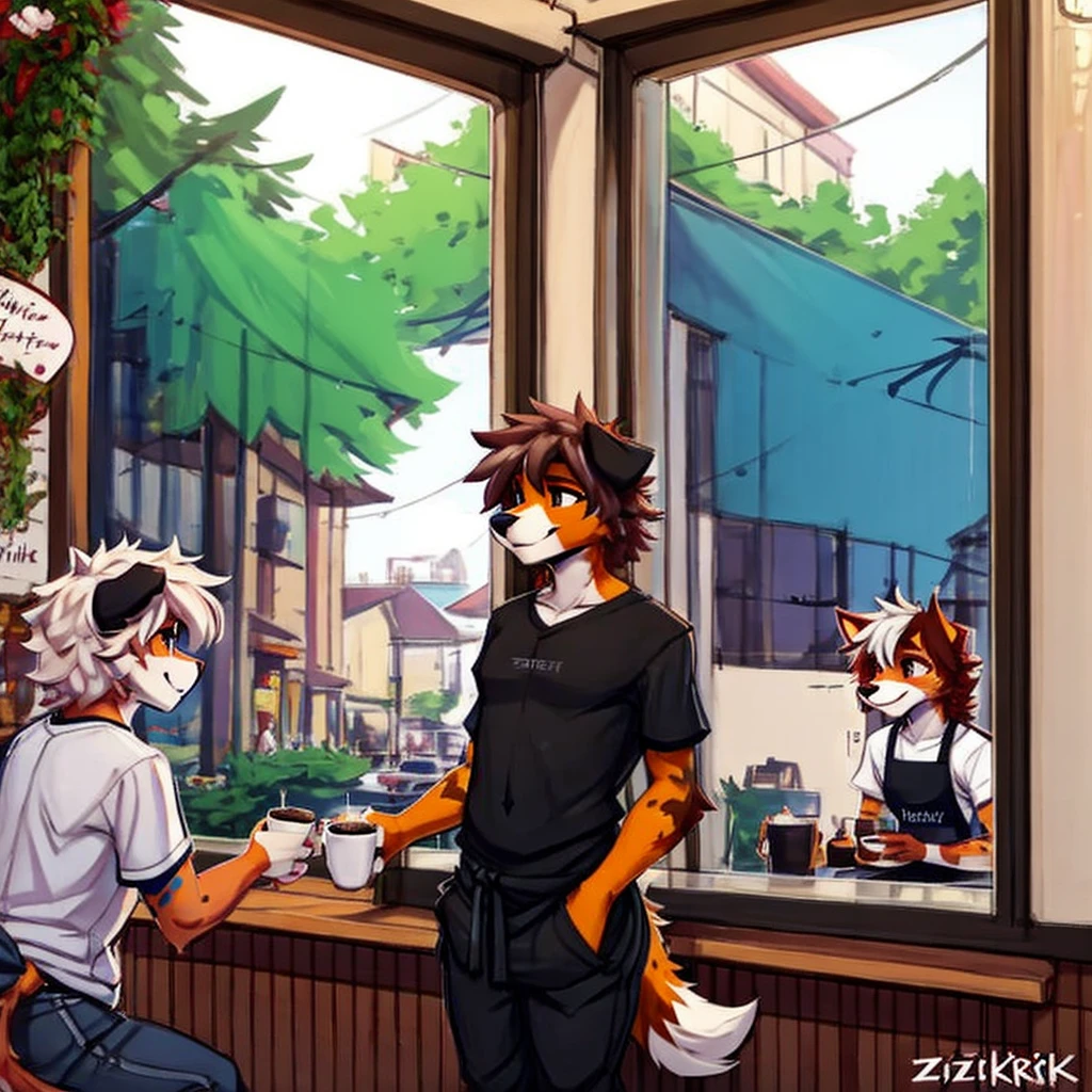 anthro,(feminine) male, Australian shepherd, wearing baggy pants and black t-shirt+, cafe, window view, serving coffee, green and red apron, by Zackary911, by Wizzkit, by anixs, detailed feminine male body, high quality, anatomically correct, detailed face, fluffy hair