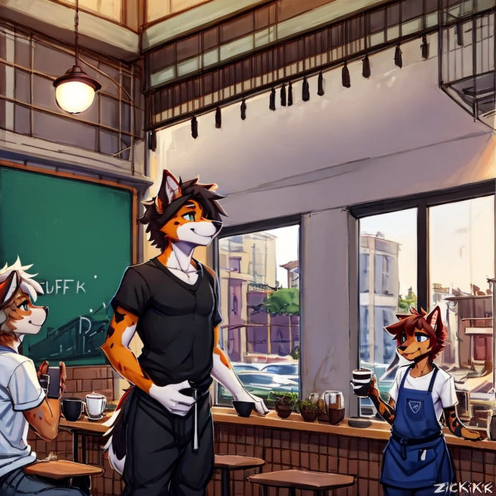 anthro,(feminine) male, Australian shepherd, wearing baggy pants and black t-shirt+, cafe, window view, serving coffee, green and red apron, by Zackary911, by Wizzkit, by anixs, detailed feminine male body, high quality, anatomically correct, detailed face, fluffy hair