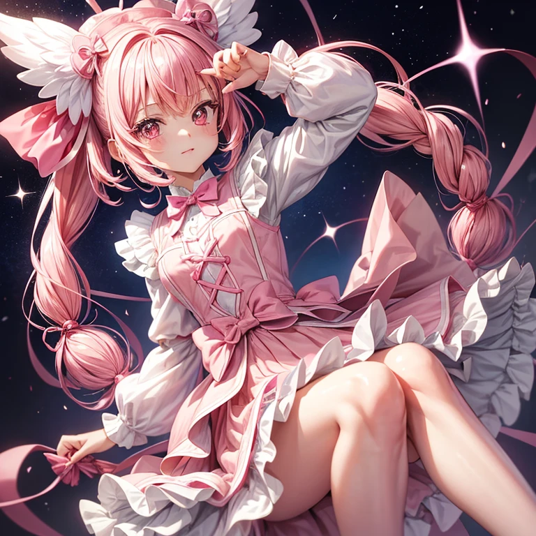 semi-rimless, long_hair, gradient_hair, bright pink_light purple_ombre, wavy_hair, Blunt_bangs, ruby eyes, girl, short, Little pink bunny ears sticking up, white headset, Cute little pins in the shape of hearts and stars on the bangs,White short sleeve lace blouse under yellow plaid one-piece, pink tone bedroom