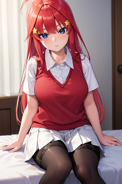 Satsuki Nakano, Itsuki Nakano, Bangs, Blue eyes, hair between eye, Ahoge, Red hair, Star \(symbol\), Hair Ornament, Star hair ornament, BREAK skirt, Shirt, School uniform, 鎖骨, White shirt, Short sleeves, Pleated skirt, sox, Collared shirt, Miniskirt, knee high, White socks, Green skirt, Sweater Vest, Red Sweater Vest,
Break indoors, School, crass room,
BREAK (masutepiece:1.2), Best Quality, High resolution, Unity 8k壁纸, (Illustration:0.8), (Beautiful detailed eyes:1.6), extra detailed face, Perfect Lighting, extremely details CG, (Perfect hands, Perfect Anatomy),tights