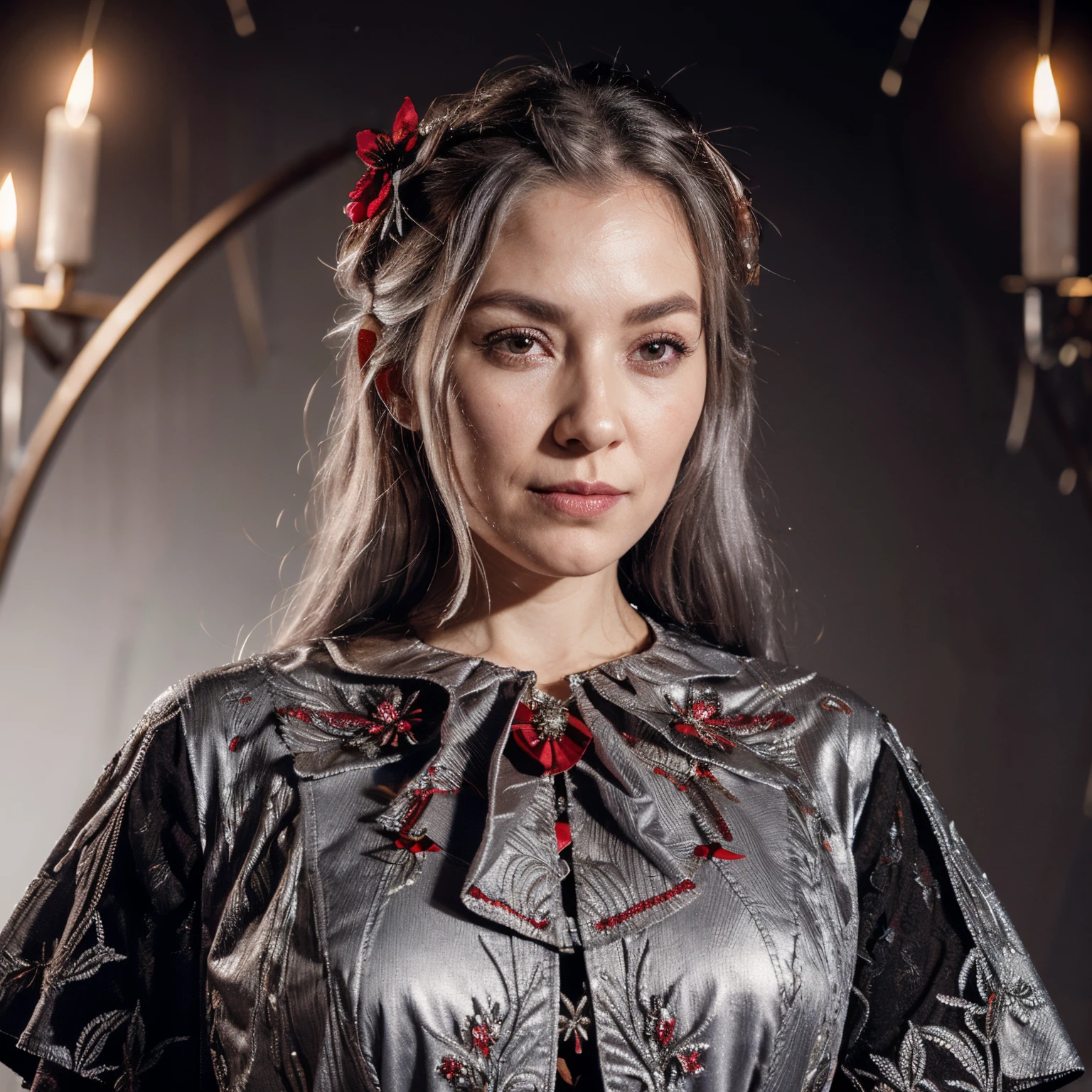 {{masterpiece}},best quality,highly detailed,extremely detailed CG unity 8k wallpaper,illustraction, 1girl, red eyes, wavy silver hair, pointy ears, vampire, dress, necklace, hair flower, snow, ice, full body, shot,high close up, highly detailed,center frame,sharp focus, looking at viewer, floting hair,