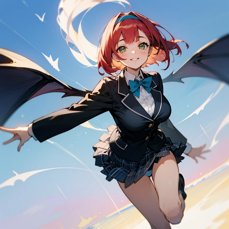 girl smiling slightly,Red Short Bob,Green eyes,large full breasts,Black Blazer School Uniform,Hair band on the head,Wearing a hair band,Bow tie on chest,light blue bowtie,plaid skirts,Fluttering skirt,Light blue panties are slightly visible under the skirt.,Looking up from under your feet,Soaring in the sky,Floating in mid-air,Bat's wings,The background is only a blue sky