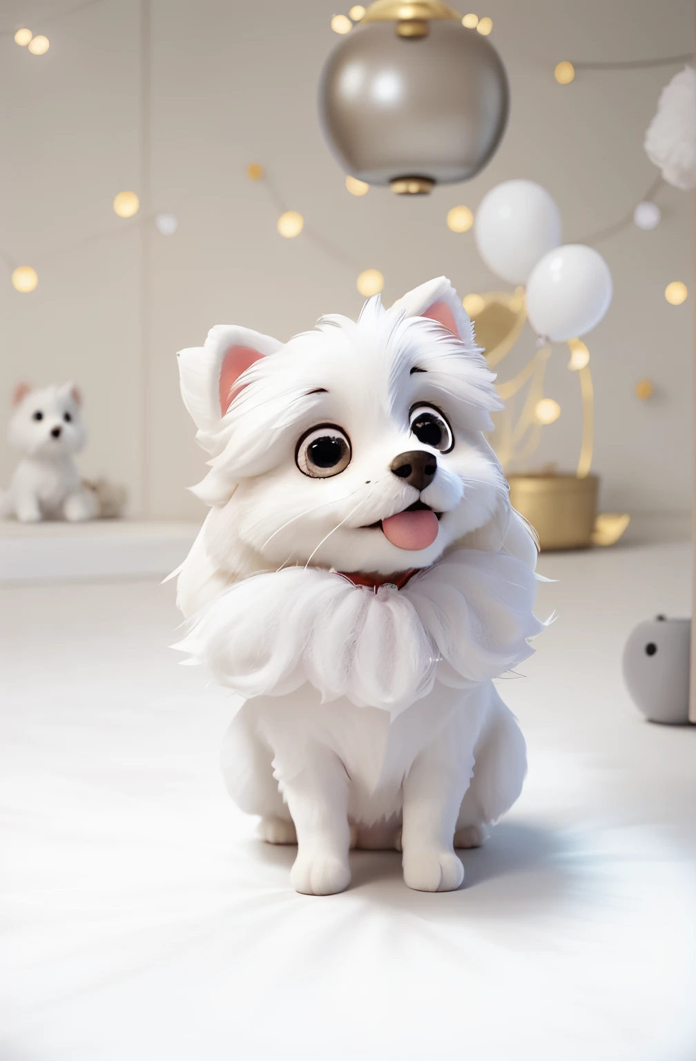 there is a small white dog standing in a room with balloons, pomeranian, small white/cream dog at her side, portrait of small, small dog, with white fluffy fur, portrait of a small, cute dog, closeup of an adorable, fluffy full of light, with a white muzzle, poofy