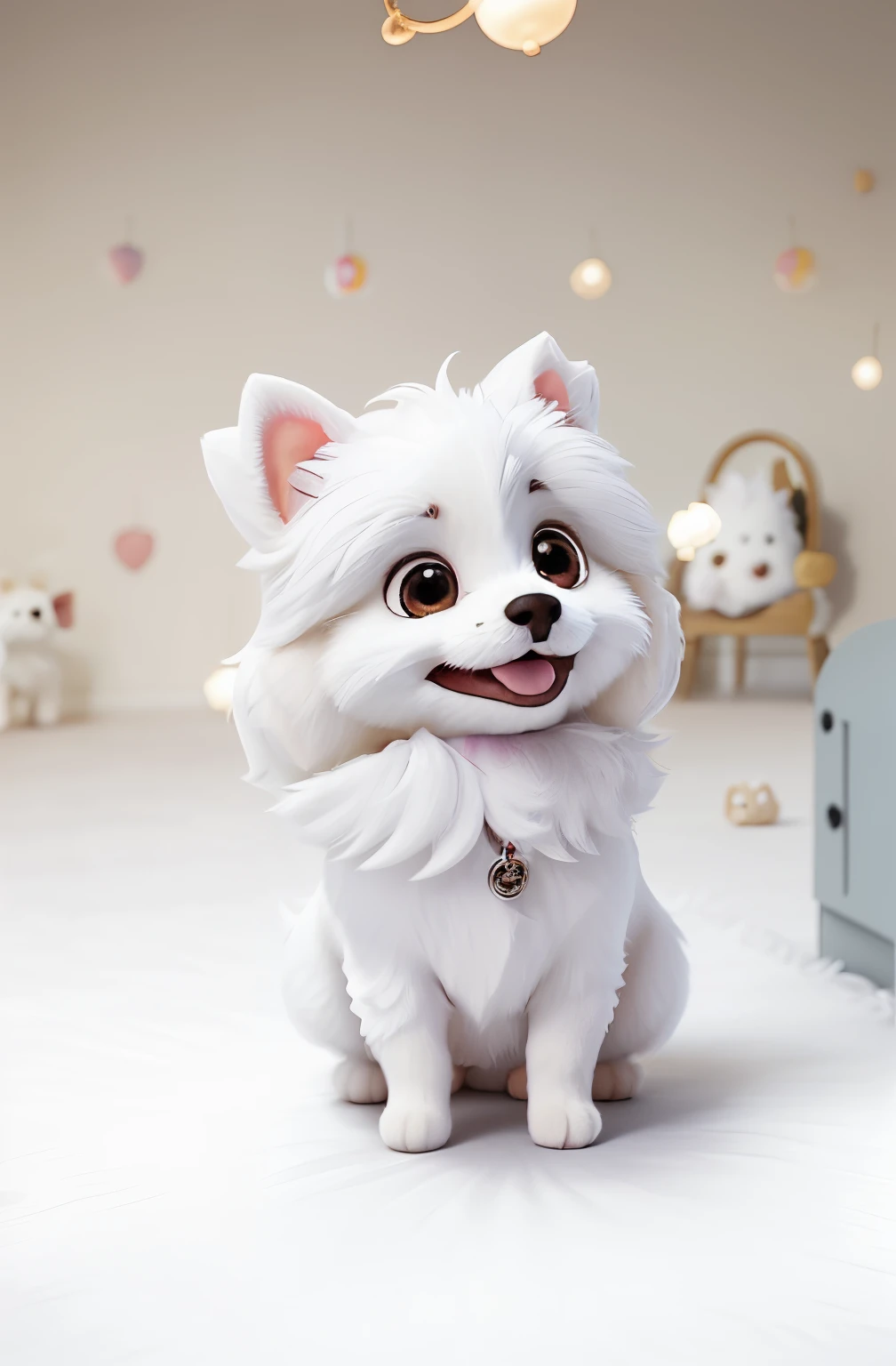 there is a small white dog standing in a room with balloons, pomeranian, small white/cream dog at her side, portrait of small, small dog, with white fluffy fur, portrait of a small, cute dog, closeup of an adorable, fluffy full of light, with a white muzzle, poofy