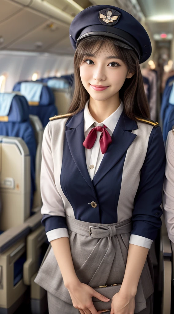 one japanese woman, Solo, 30-years old, hyperdetailed face, Detailed lips, A detailed eye, Double eyelid eyes, fluffy brown eyes, (Black bob hair, Like an airplane stewardess, Do a good job), (Like an airplane stewardess:1.2), (Do a good job:1.2), (Navy single color stewardess uniform:1.4), (Please wear a small and cute stubborn hat:1.2), (discret smile:1.2), Perfect image realism, Background with: (Business Class aisle on airplanes:1.2), Meticulous background, detailed costume, Perfect litthing, Hyper-Realism, (Photorealistic:1.4), 8K maximum resolution, (​masterpiece), Highly detailed, Professional