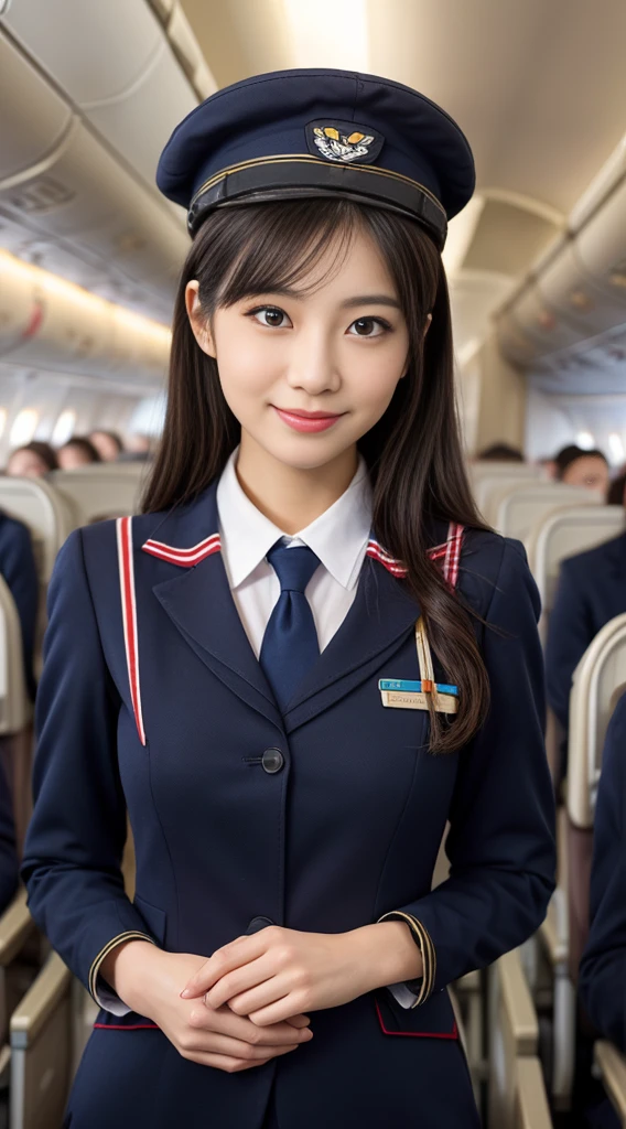 one japanese woman, Solo, 30-years old, hyperdetailed face, Detailed lips, A detailed eye, Double eyelid eyes, fluffy brown eyes, (Black bob hair, Like an airplane stewardess, Do a good job), (Like an airplane stewardess:1.2), (Do a good job:1.2), (Navy single color stewardess uniform:1.4), (Please wear a small and cute stubborn hat:1.2), (discret smile:1.2), Perfect image realism, Background with: (Business Class aisle on airplanes:1.2), Meticulous background, detailed costume, Perfect litthing, Hyper-Realism, (Photorealistic:1.4), 8K maximum resolution, (masterpiece), Highly detailed, Professional