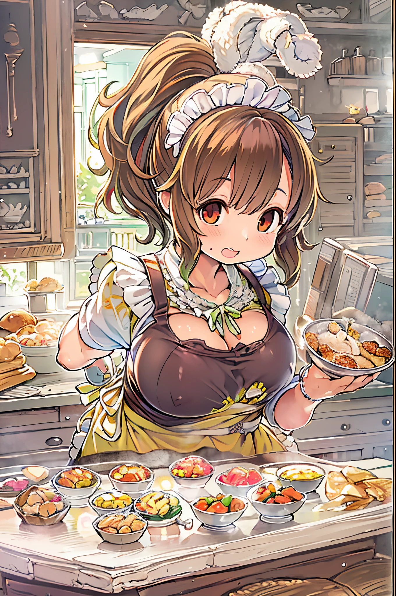 One woman with short ponytail brown hairstyle, wearing only a short frilly apron, Chic, Alone, Solo, (Alone)(Solo), Showing cleavage, Facing forward, looking at me, Looking forward, showing belly, bake sweets in the kitchen,Anime Art