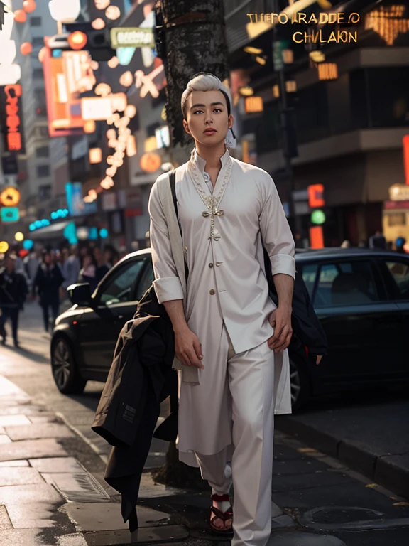 arafed man walking down a city street in a white outfit, wearing white pajamas, clothed in ancient street wear, wearing white clothes, asian man, wearing white suit, in style of ruan jia, wearing futuristic white suit, in style of kar wai wong, asian male, on the street, on the street, cinematic full shot