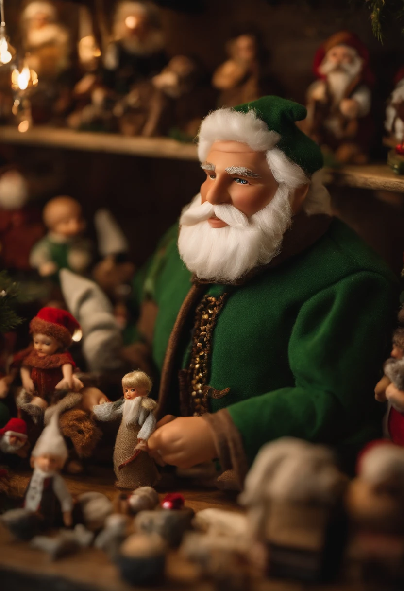 A close-up of Elfred carefully arranging a display of handmade dolls in the workshop,original,Elfred is a small typical elf with green eyes, and a constant smile under a neatly trimmed white beard. While running Santa’s workshop, he is secretly the mastermind behind a massive global cocaine cartel. , male