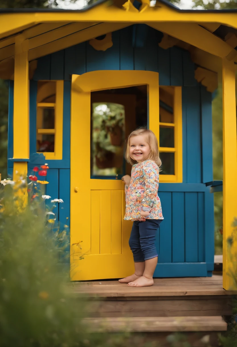 An image of the character carefully assembling a colorful children's playhouse, with vibrant panels and a smiling face on the door.,original,Very swedish! Blue and yellow. Absolutely Scandinavian. Very hot. Very beautiful. , female