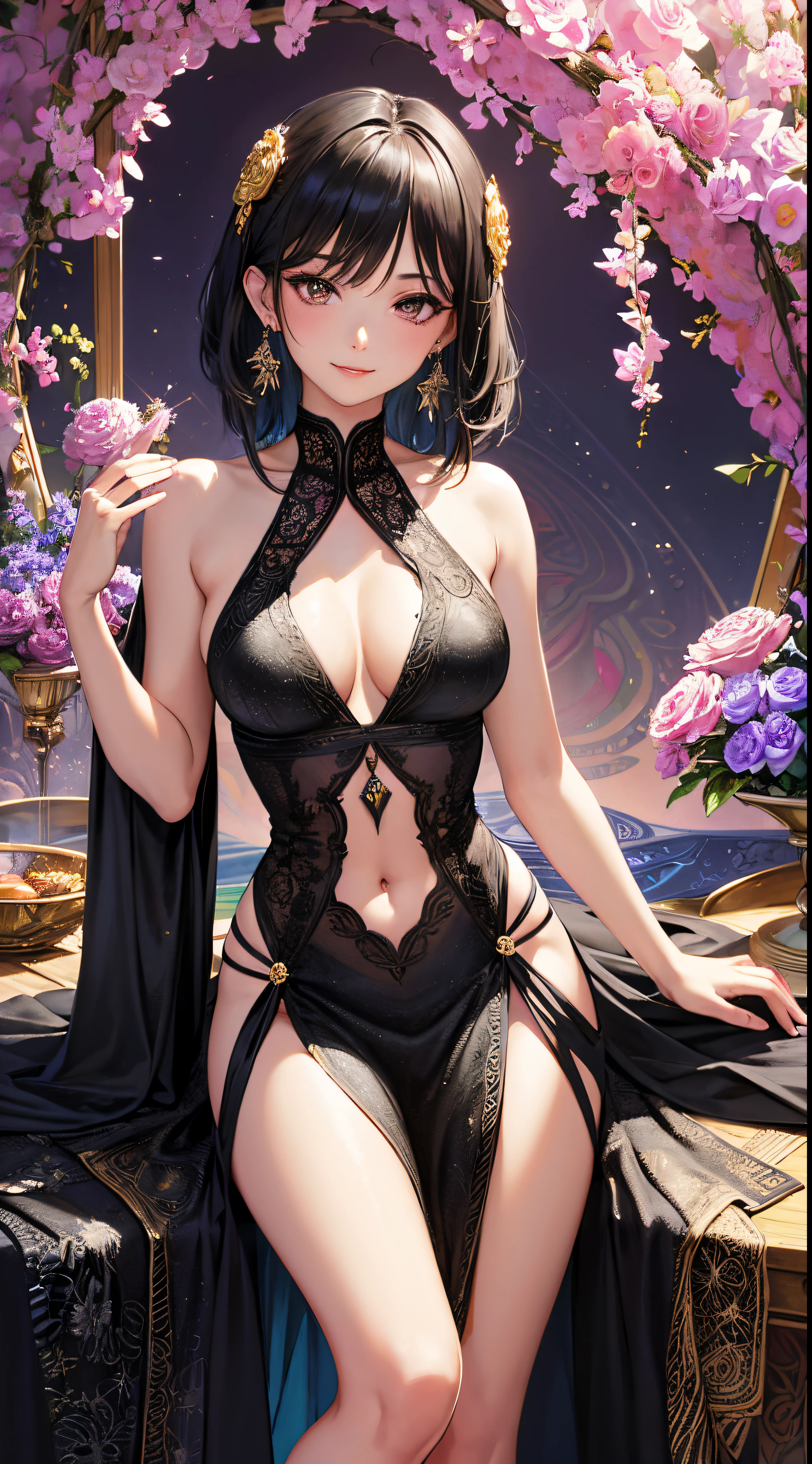 A female with medium breasts, slim body, tempting body, nice bare leg, cleavage, bare shoulders, black hair, silk bed, silk ornament, flowers, feathers, particles, light rays, (masterpiece, top quality, best quality, official art, beautiful and aesthetic:1.2), (1girl:1.3), extremely detailed,(fractal art:1.1),(colorful:1.1)(flowers:1.3), highest detailed,(zentangle:1.2), (sexy sit pose), (abstract background:1.3), (shiny skin), (many colors:1.4), (earrings:1.4), (tight short dress:1.2), (shiny skin), (many colors:1.4), (earrings:1.4), sexy eyes, innocent, smile, sweet, beautiful.