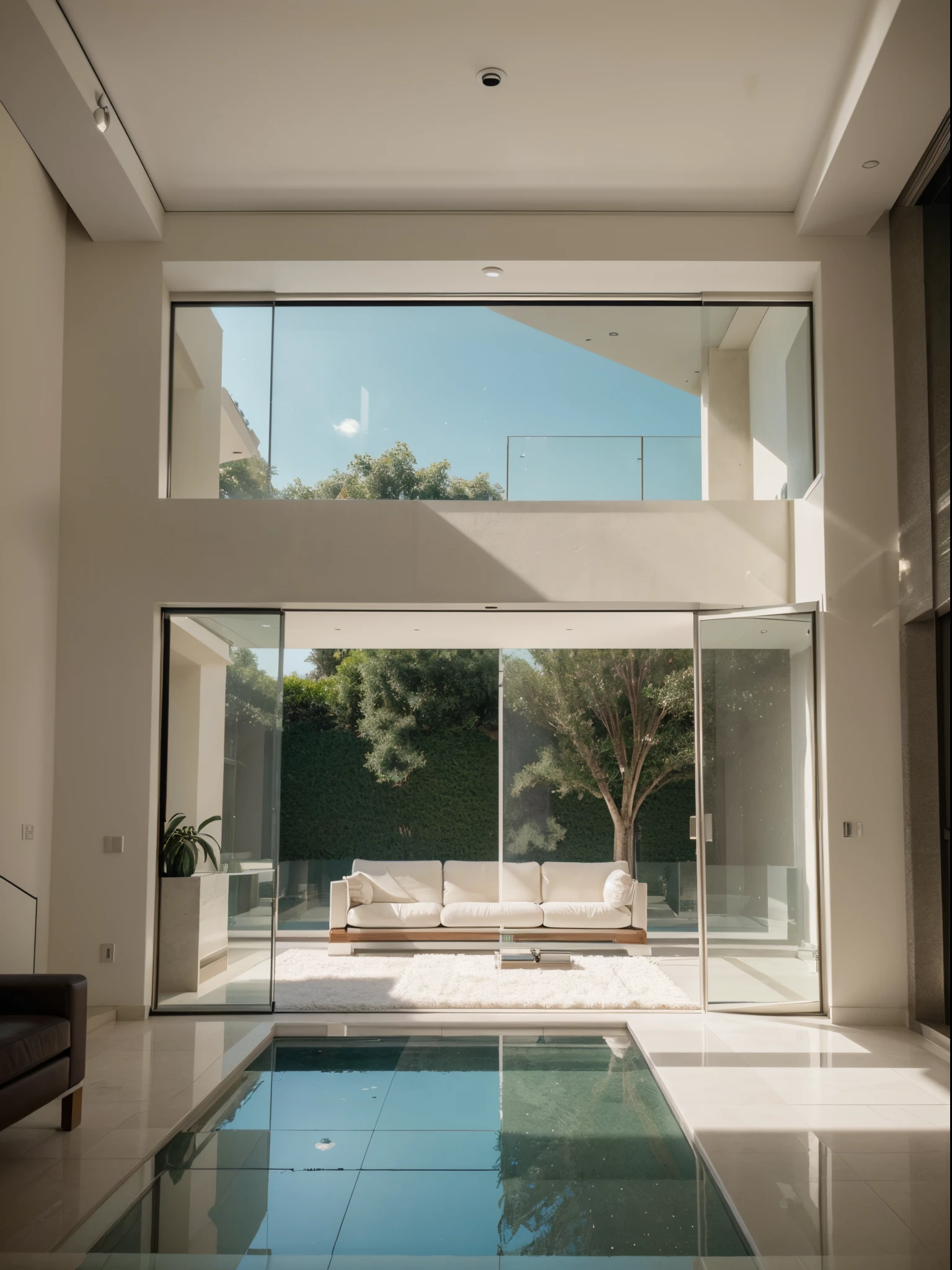 mediteranian style house, glass house in living room, minimal interior, large couch,sofa, modern mansion, luxury, architecture magazine photography, (RAW photo, real, best quality, masterpiece:1.2), (hyper realistic, photo-realistic:1.2), high quality, (bright lighting:1.2), perfect lighting, archdaily, daytime, 35mm f1.4