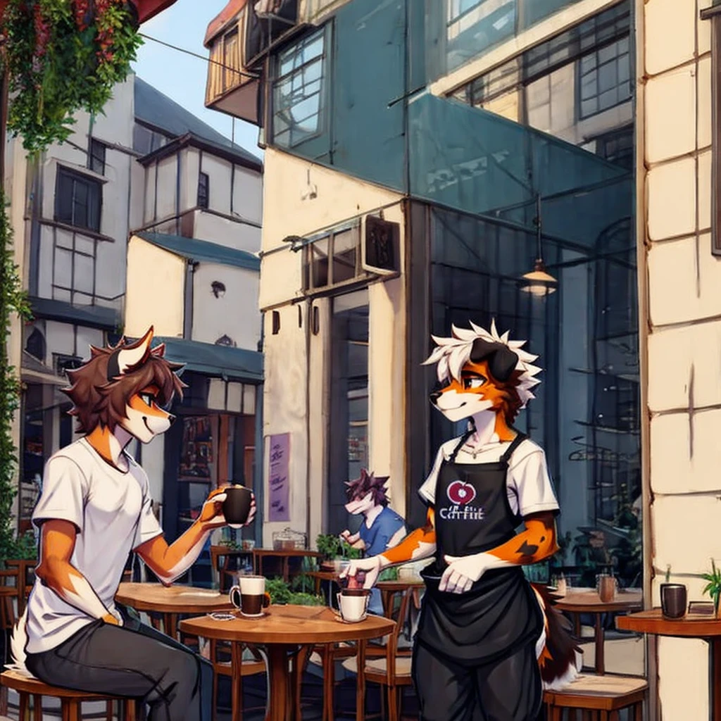 anthro,(feminine) male, Australian shepherd, wearing baggy pants and black t-shirt+, cafe, window view, serving coffee, green and red apron, by Zackary911, by Wizzkit, by anixs, detailed feminine male body, high quality, anatomically correct, detailed face, fluffy hair, detailed background, masterpiece, 4k hd, cg