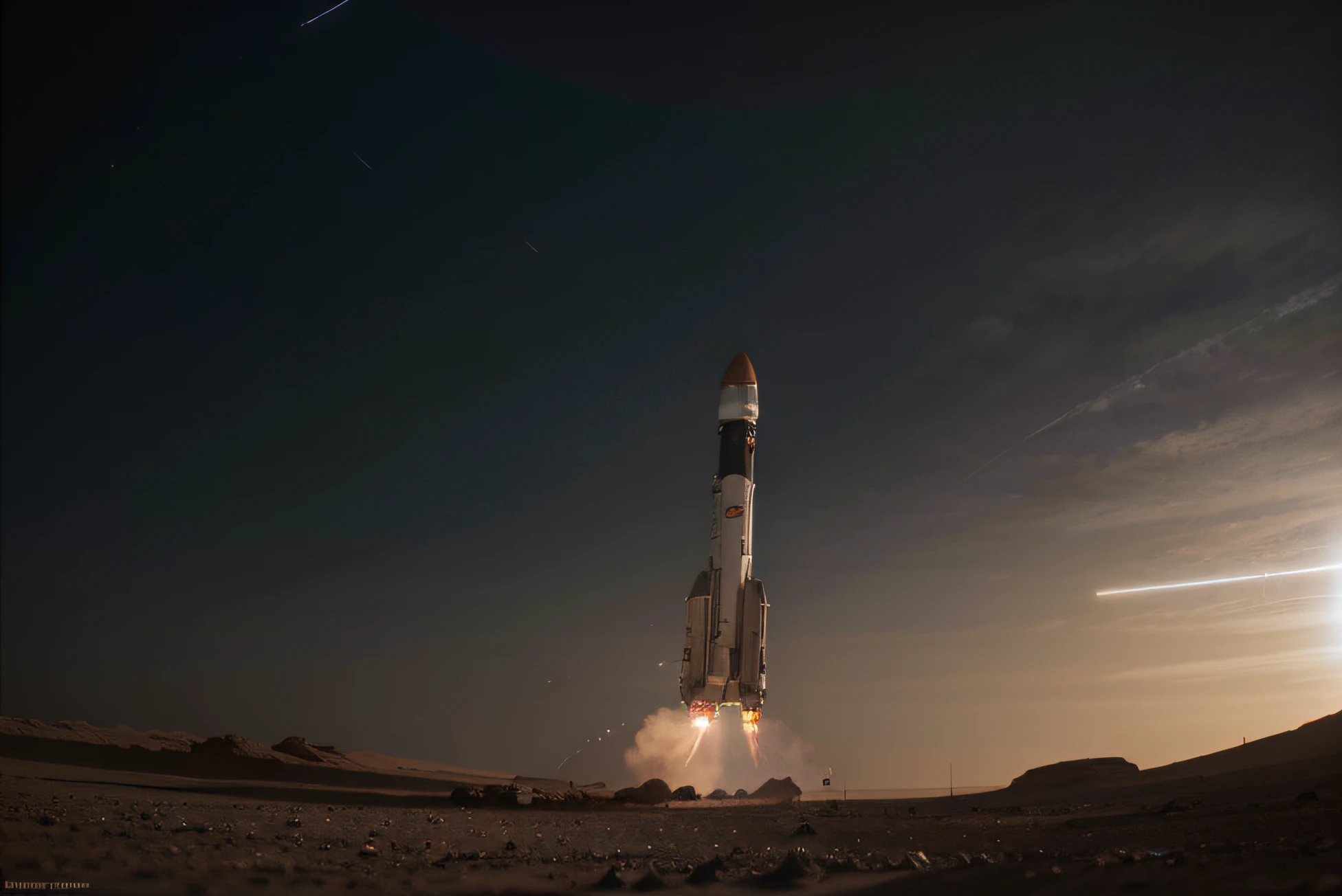 Advanced rocket lands on Mars,sense of science and technology,Many people around are wearing space suits,Metallic,Bright picture,different devices,A futuristic,super wide shot,Master of photography,Factory machine details,ultra-wide-angle,High realism,Light and darkness
