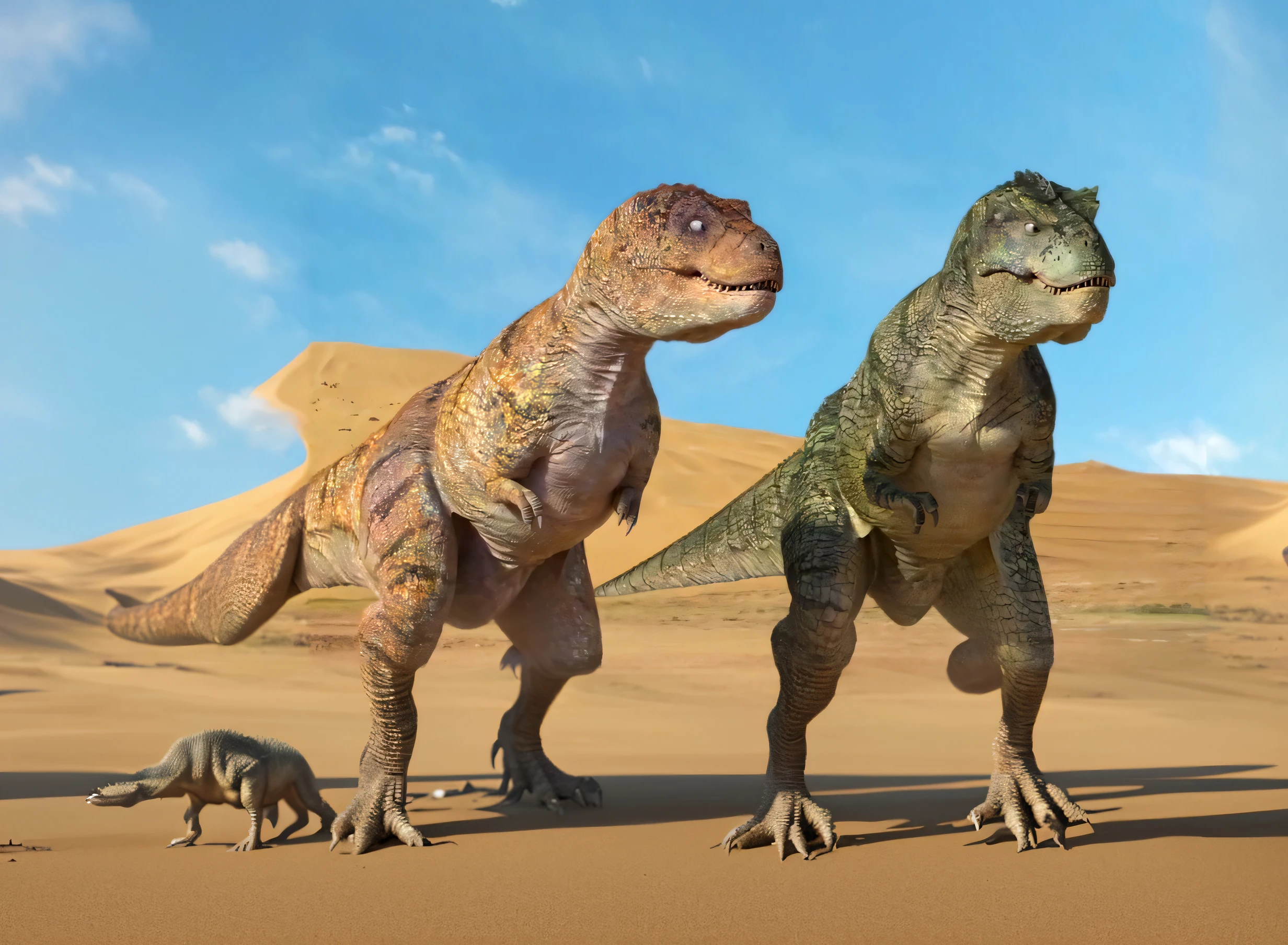 two dinosaurs stand in the desert against the backdrop of sand dunes, Alosaurus, reptoids, Dinosaurs, Realistic paleoart, inspired by Adam Rex, Tyrannosaurus Rex, depicted as a 3 d render, Rottweiler dinosaur hybrid, Trex Dinosaur, tyrannosar rex, Trex from Godzilla (2014), predators, Jurassic image, Realistic CGI