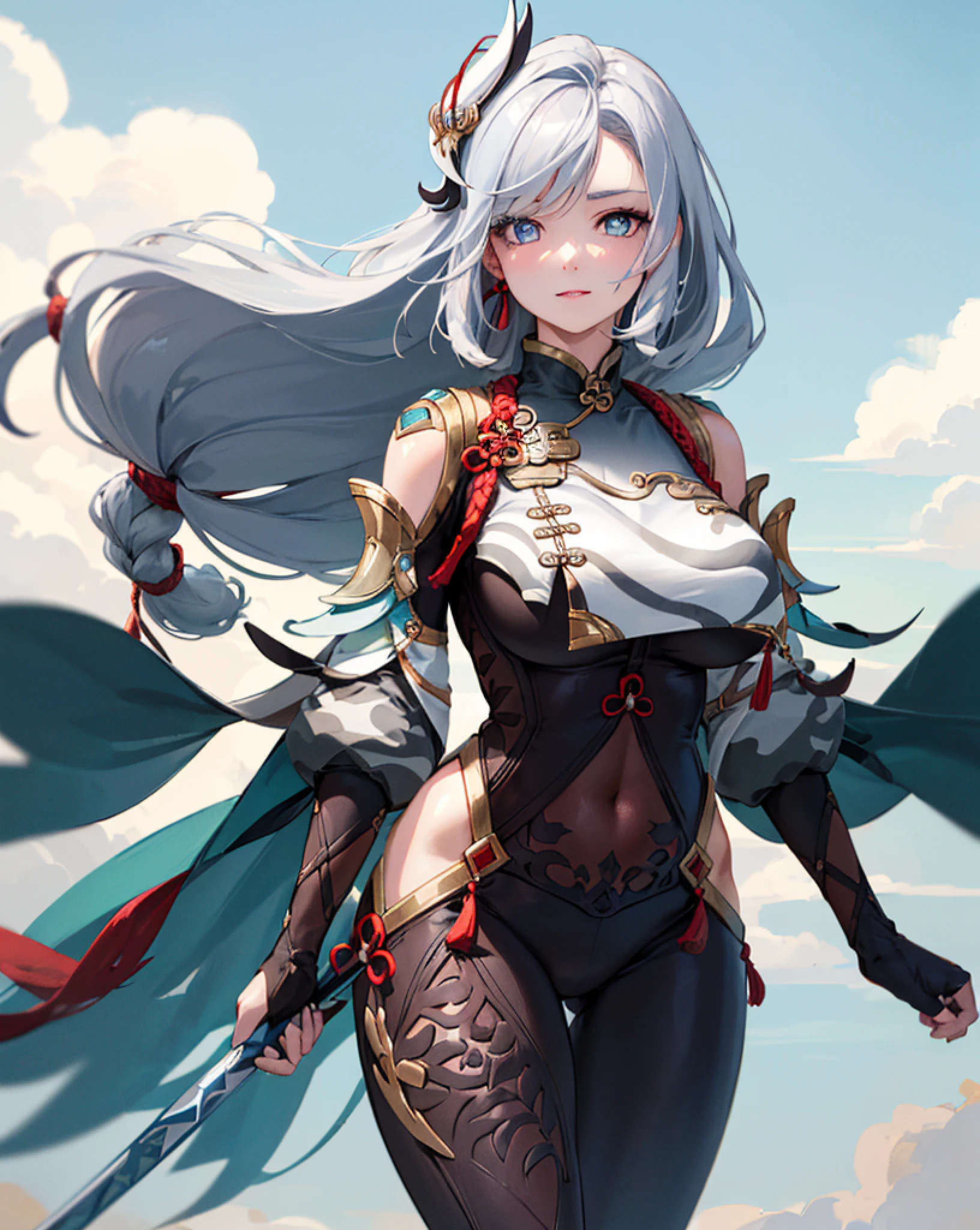 professional full body photo, cowboy shot, solo, 1girl, shenhe, smile, looking at viewer, hand on breast, (perfect detail eyes:1.2), glowing eyes, (long hair one braid:1.2), (Masterpiece, Best Quality, High Quality:1.4), professional artwork, Intricate Details, field of view, sharp focus, detailed painting, photorealistic lighting, trending on pixiv, (vivid lighting, vibrant colors:1.05), realistic shadows, ambient occlusion, (vibrant_color:1.2), (beautiful_face:1.5), (narrow_waist), (perfect hands, perfect anatomy), ((very huge breasts)), very wide hips, curvy, (((increase sharpness))), serious expression ((((very detailed eyes))))