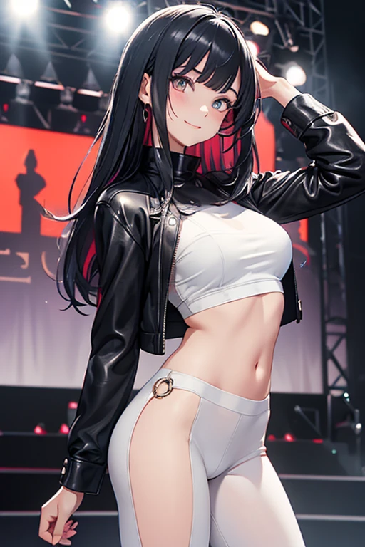 //Character 1girl, intimate relationships with a viewer, slim and soft, medium large breast, ultra detailed face, super cute, innocent, round face, thin eyeblow, sparkly pupils, translucent skin, smiling full of compassion, extra long hair, black hair, silver side colors, multi color hair, shaggy bangs,
BREAK
//Fashion A comfortable and stylish look,
A relaxed and cool ensemble,
A casual outfit with a touch of sophistication,
(The material of her clothes is leather or wool or cotton or nylon :1.6)
BREAK
//LOCATION
on the stage, seaside festival, A blazing hot day
BREAK
// behavior
goddes posture, standing, squeezing her chest herself, leaning her head slightly