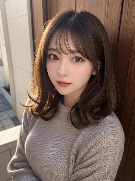 masutepiece, Best Quality, Illustration, Ultra-detailed, finely detail, hight resolution, 8K Wallpaper, Perfect dynamic composition, Beautiful detailed eyes, Winter clothes,Medium Hair,Natural Color Lip, Home front door(Curly)、20 years girl、Cute,Face that feels ecstasy,blur backgroun,KPOP Idol Face,Cute,Shoot from a little above,Kamimei,Anatomically correct body