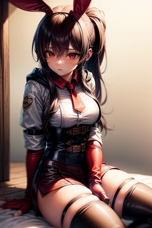 The girl has an athletic build.. She has golden eyes and fair skin. She ties her long dark brown hair with a red bandana., the raised ends of which resemble rabbit ears. She's wearing short leather shorts., white shirt, corset belt with gold trim "shield coat of arms with two swords" and a short red jacket with a hood. She also wears tall white boots., red knee socks and leather gloves with red accents, sitting on bedroll, Spread legs, (Masturbation, Clothes from hand to hand, Finger masturbation:1.3)