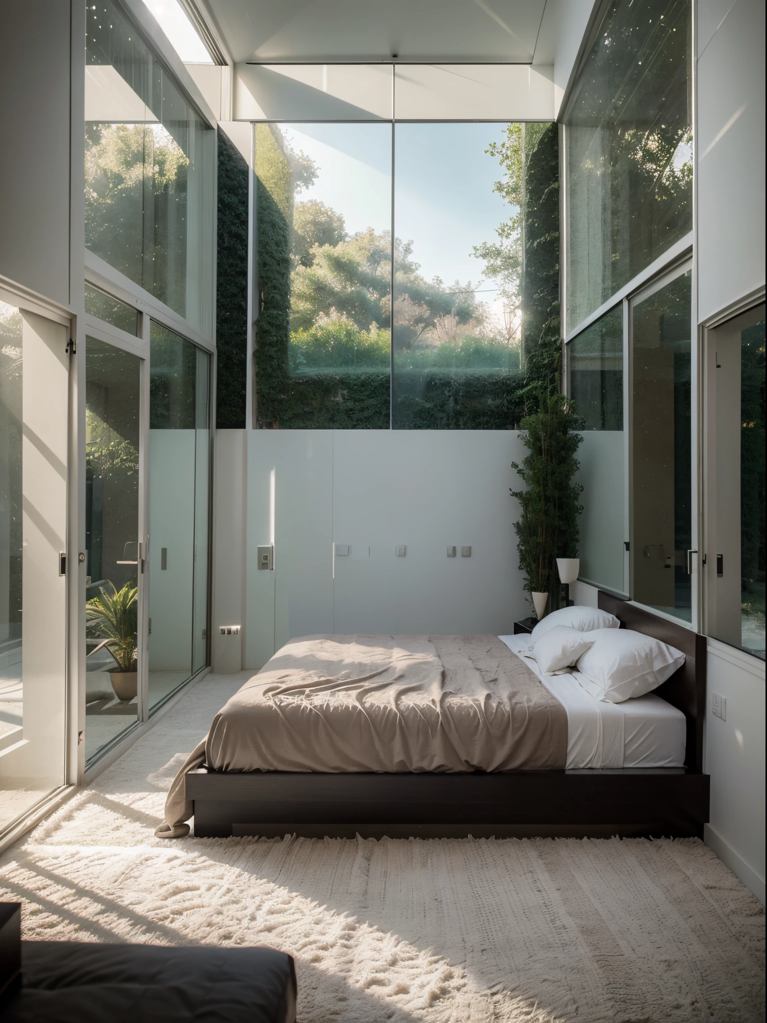 mediteranian style house, glass house in bedroom, minimal interior, large twin bed, modern mansion, luxury, architecture magazine photography, (RAW photo, real, best quality, masterpiece:1.2), (hyper realistic, photo-realistic:1.2), high quality, (bright lighting:1.2), perfect lighting, archdaily, daytime, 35mm f1.4