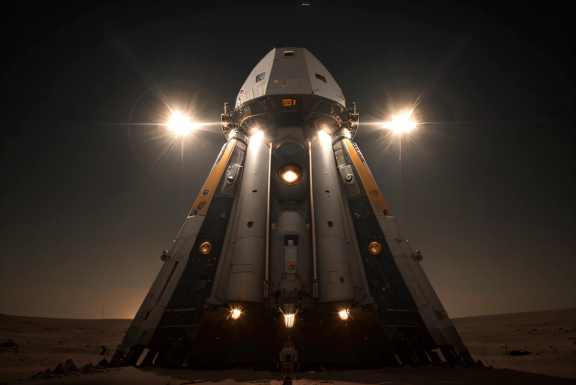 Advanced rocket lands on Mars, sense of science and technology, Astronaut comes out of rocket, Metallic, Bright picture, different devices, Futuristic, Large aperture close-up, Master of photography, Factory machine details, ultra-wide-angle, High realism, Light and darkness