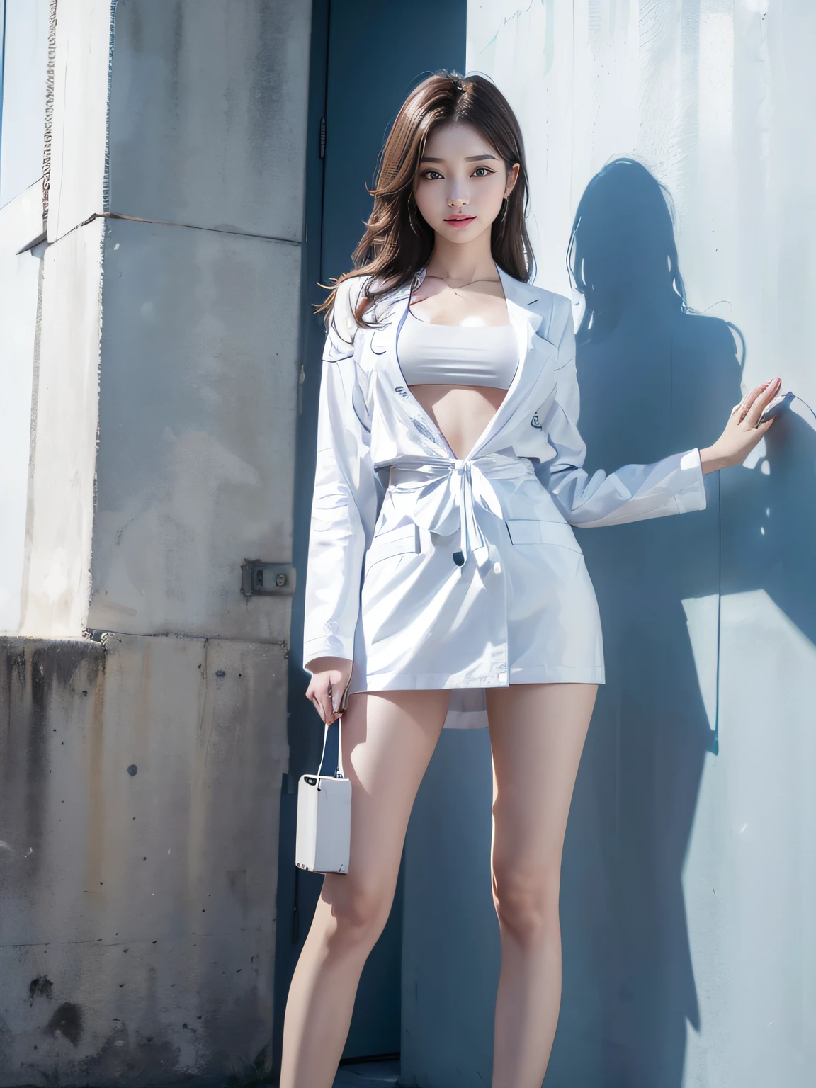 (8K、CRU photo、highest quallity、work of art:1.2)、(realisitic、Photoreal)、1 girl、((one piece、I can see your feet、waist belt、breasts big、seen from the front、Keep your legs apart with lots of eyelashes、Shine on the eyelids、Skeletally correct、sweaty body、Beautifully aligned fingertips、ssmile、standing with hands on hips、Above the sky