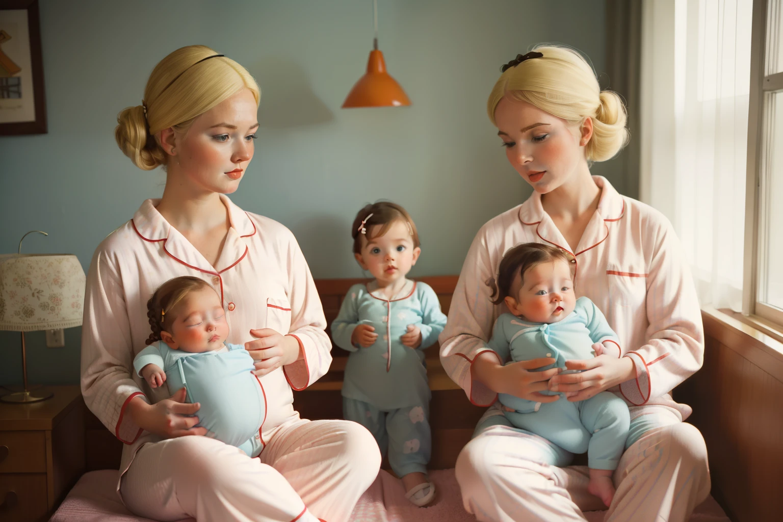 1966, Dubuque, Iowa. norwegian-irish woman, sitting, ((((holding twin babies)))) , ((((pyjammas from the 1960s)))), ((Hairstyle of the 1960s)), ((Wes Anderson cinematic style)), colorful