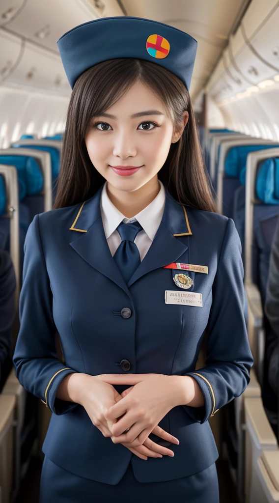 one Japanese woman, Solo, 30-years old, hyperdetailed face, Detailed lips, A detailed eye, Double eyelid both eyes, fluffy brown eyes, (Black bob hair, Like an airplane stewardess, Do a good job), (Like an airplane stewardess:1.2), (Do a good job:1.2), (Dark blue one-color stewardess uniform:1.4), (Wear a small cute little stewardess hat:1.2), (Modest smile:1.2), Perfect image realism, Background with: (Business Class aisle on airplanes:1.2), Meticulous background, detailed costume, Perfect litthing, Hyper-Realism, (Photorealistic:1.4), 8K maximum resolution, (masterpiece), Highly detailed, Professional