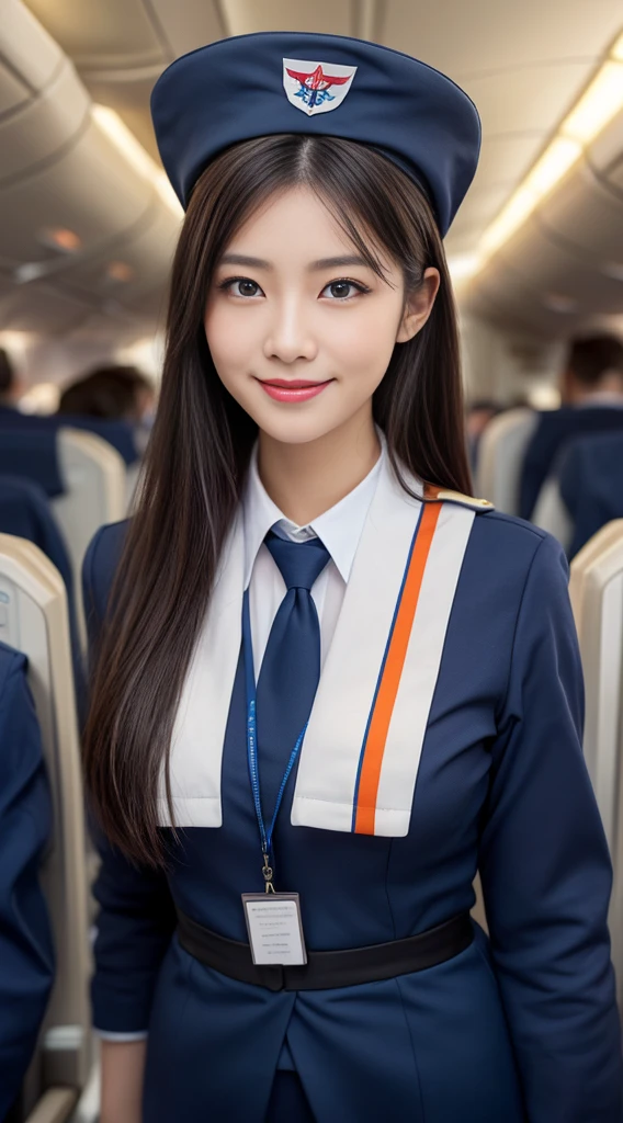 one Japanese woman, Solo, 30-years old, hyperdetailed face, Detailed lips, A detailed eye, Double eyelid both eyes, fluffy brown eyes, (Black bob hair, Like an airplane stewardess, Do a good job), (Like an airplane stewardess:1.2), (Do a good job:1.2), (Dark blue one-color stewardess uniform:1.4), (Wear a small cute little stewardess hat:1.2), (Modest smile:1.2), Perfect image realism, Background with: (Business Class aisle on airplanes:1.2), Meticulous background, detailed costume, Perfect litthing, Hyper-Realism, (Photorealistic:1.4), 8K maximum resolution, (masterpiece), Highly detailed, Professional