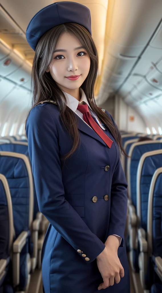 one Japanese woman, Solo, 30-years old, hyperdetailed face, Detailed lips, A detailed eye, Double eyelid both eyes, fluffy brown eyes, (Black bob hair, Like an airplane stewardess, Do a good job), (Like an airplane stewardess:1.2), (Do a good job:1.2), (Dark blue one-color stewardess uniform:1.4), (Wear a small cute little stewardess hat:1.2), (Modest smile:1.2), Perfect image realism, Background with: (Business Class aisle on airplanes:1.2), Meticulous background, detailed costume, Perfect litthing, Hyper-Realism, (Photorealistic:1.4), 8K maximum resolution, (masterpiece), Highly detailed, Professional