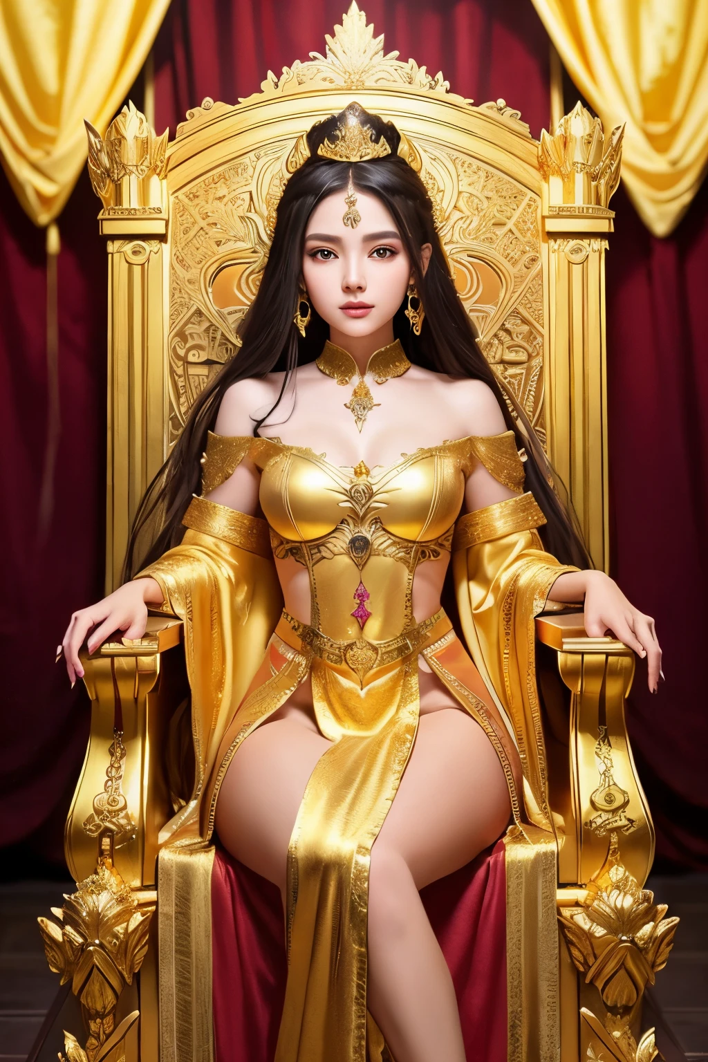 Aarav woman in a golden robe sits on a throne., Portrait inspired by Lan Ying, trending on cg society, Fantasy Art, a beautiful fantasy empress, Sit on the Golden Throne, Sit on the Golden Throne, sitting in a golden throne, ((a beautiful fantasy empress)), Golden Throne, golden throne, gilded lotus princess, Sit on an intricate throne