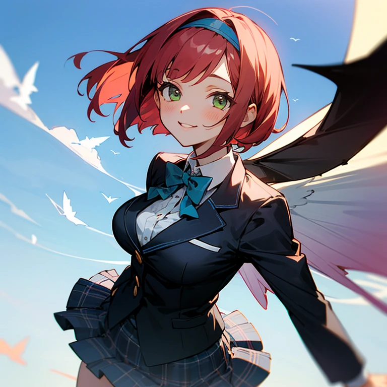 girl smiling slightly,Red Short Bob,Green eyes,large full breasts,Black Blazer School Uniform,Hair band on the head,wearing a hairband,Bow tie on chest,light blue bowtie,plaid skirts,Fluttering skirt,Light blue panties are slightly visible under the skirt.,Looking up from under your feet,Soaring in the sky,Floating in mid-air,Bat's wings,The background is only a blue sky
