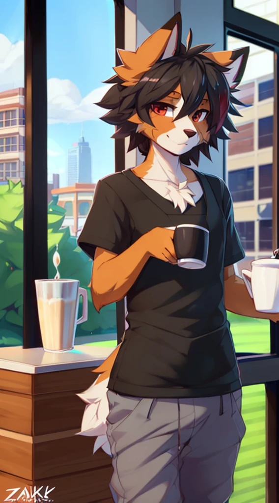 anthro,(feminine) male, Australian shepherd, wearing baggy pants and black t-shirt+, cafe, window view, serving coffee, green and red apron, by Zackary911, by Wizzkit, by anixs, detailed feminine male body, high quality, anatomically correct, detailed face, fluffy hair, detailed background, masterpiece, 4k hd, cg