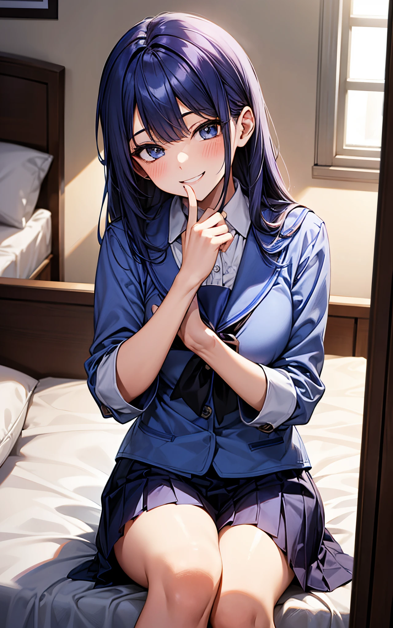 Hair color is indigo、She is wearing a high school uniform、I'm sitting on the bed、Her flushed face is cute、Smiling、Long、provocative smiling