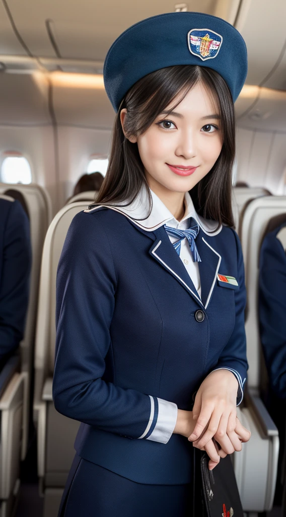 one Japanese woman, Solo, 30-years old, hyperdetailed face, Detailed lips, A detailed eye, Double eyelid both eyes, fluffy brown eyes, (Black bob hair, Like an airplane stewardess, Do a good job), (Like an airplane stewardess:1.2), (Do a good job:1.2), (Dark blue one-color stewardess uniform:1.4), (Wear a small cute little stewardess hat:1.2), (Modest smile:1.2), Perfect image realism, Background with: (Business Class aisle on airplanes:1.2), Meticulous background, detailed costume, Perfect litthing, Hyper-Realism, (Photorealistic:1.4), 8K maximum resolution, (​masterpiece), Highly detailed, Professional