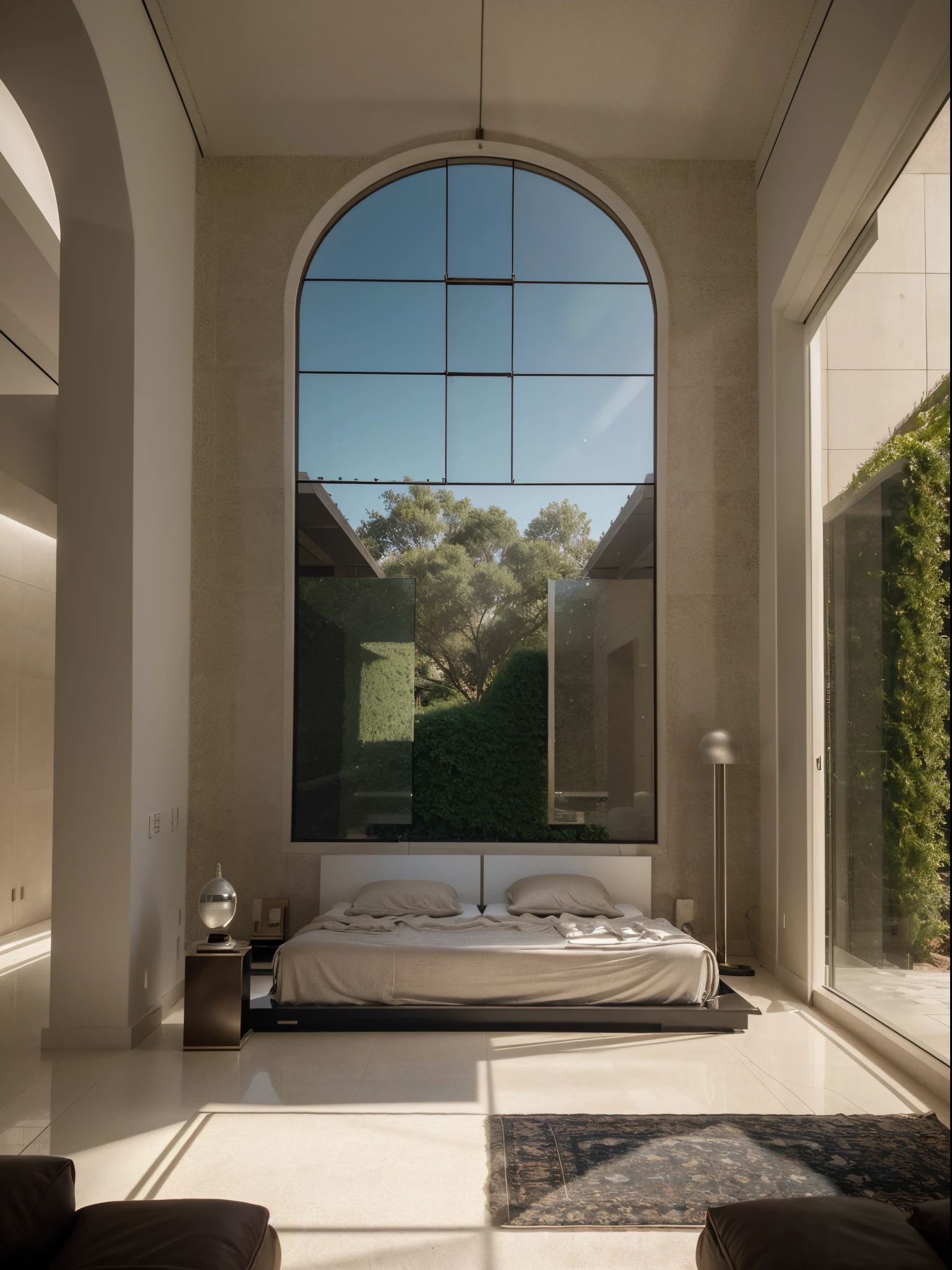 mediteranian style house, glass house in huge bedroom, minimal design, large twin bed, bang and olufsen speaker, modern mansion, luxury, architecture magazine photography,  (RAW photo, real, best quality, masterpiece:1.2), (hyper realistic, photo-realistic:1.2), high quality, (bright lighting:1.2), perfect lighting, archdaily, daytime,  35mm f1.4