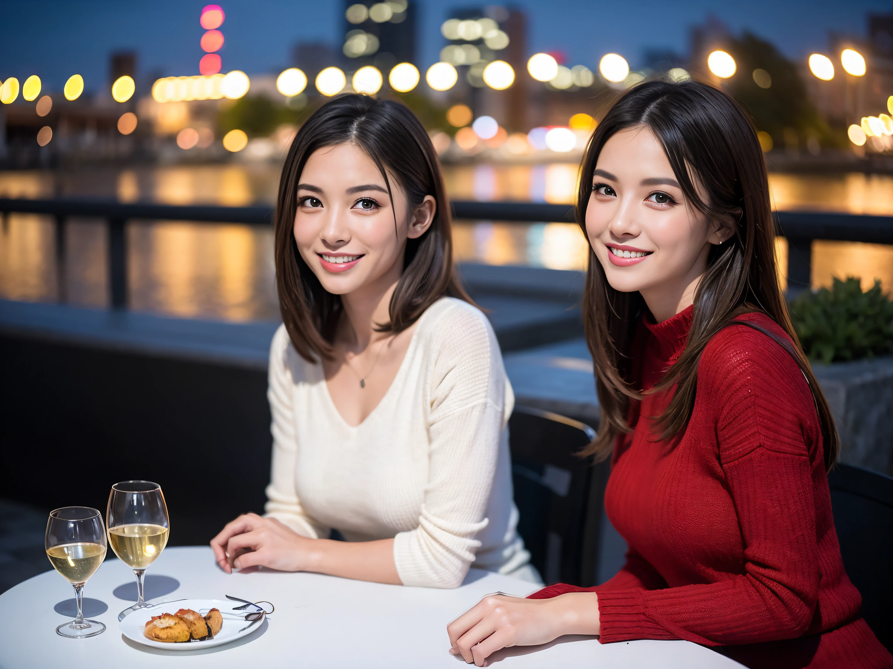 (64k uhd、nffsw、top-quality、masterpiece:1.2)、(realisitic、Photorealsitic:1.37)、ultra-detailliert、wine glasses、enjoying a glass of wine、a matural female、Two cute women、(Slim Faces)、(Slim body)、(brawn hair)、(short-cut)、smiling french woman、happy italian girl、British woman、Americana、blush a little on the cheeks、(38 years)、42 year old、red wine、Beautiful detailed urban night view outside the window、resturant、Wine glasses in a prominent place、natta、(from waist up)、sitting on、date、(A smile:1.15)、Beautiful fine eyes、bustup、Cashmere sweater、long-sleeved dresses、japanes、(short-hair:1.2)、Float NovaFrogStyle、女優、modeled、from waist up、white wine、Slimed、wine glasses、Super beautiful night view、Put the wine glass in the middle、Happy smile、(8K、Raw photography、top-quality、masterpiece:1.2)、(realisitic、Photorealsitic:1.37)、ultra-detailliert、超A high resolution、2 females、see the beholder、beautifull detailed face、A smile、Constriction、(Slim waist) :1.3)、knit shirt、Beautiful detailed skin、Skin Texture、floated hair、profetional lighting、middlebreasts、eyes gentle