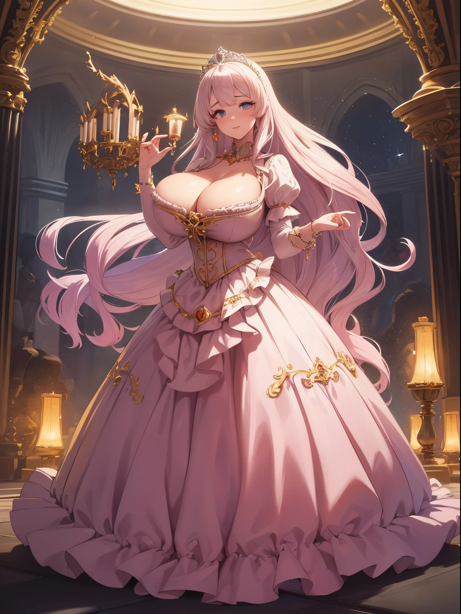 ultra-detailed, extremely detailed,((anime artstyle)),Masterpiece,(Best Quality),(Super Detail),(Very Delicate and Beautiful),cinematic lighting,((Solo)),(((full body))),full body,((detailed face and eyes)),perfect eyes, rendered eyes,jewel-like beautiful eyes,embarrassed,blush,((1 princess in beautiful embroidery and jeweled gorgeous rococo ballgown with frilled voluminous full length hoop skirt)),((Crinoline)),beautiful embroidery and jeweled gorgeous rococo ballgown with frilled voluminous full length hoop skirt,(large amount of straight hair,extremely voluminous Very Long straight Hair,Absolutely Long Straight Hair),(((very gigantic boobs))),skindentation,Bursting breasts,cleavage,((fantasy castle,outdoors,outside the castle)),long_gloves,extremely gorgeousfull jeweled hair ornament,(bling-bling extremely gorgeousfull jeweled tiara),(luxurious jewelry),full body,beautiful embroidery and jeweled gorgeous rococo ballgown with frilled voluminous full length hoop skirt