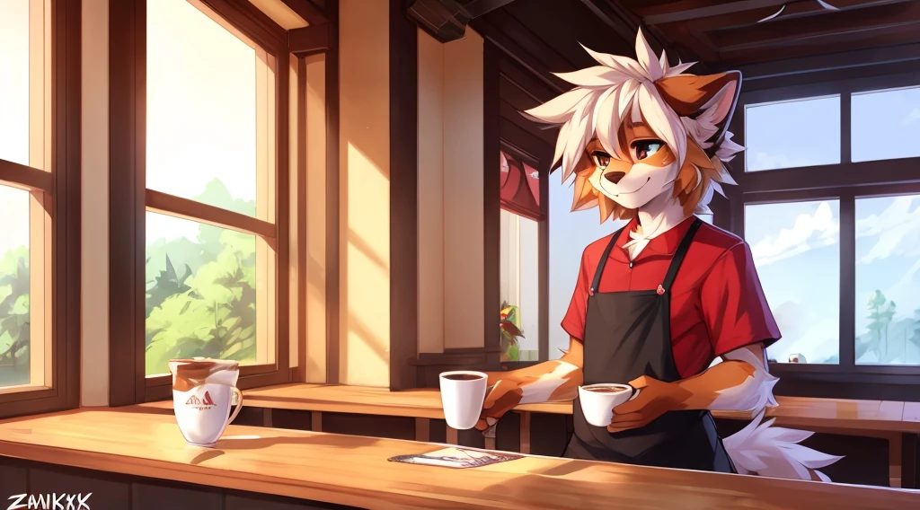 anthro,(feminine) male, Australian shepherd, wearing baggy pants and black t-shirt+, cafe, window view, serving coffee, green and red apron, by Zackary911, by Wizzkit, by anixs, detailed feminine male body, high quality, anatomically correct, detailed face, fluffy hair, detailed background, masterpiece, 4k hd, cg