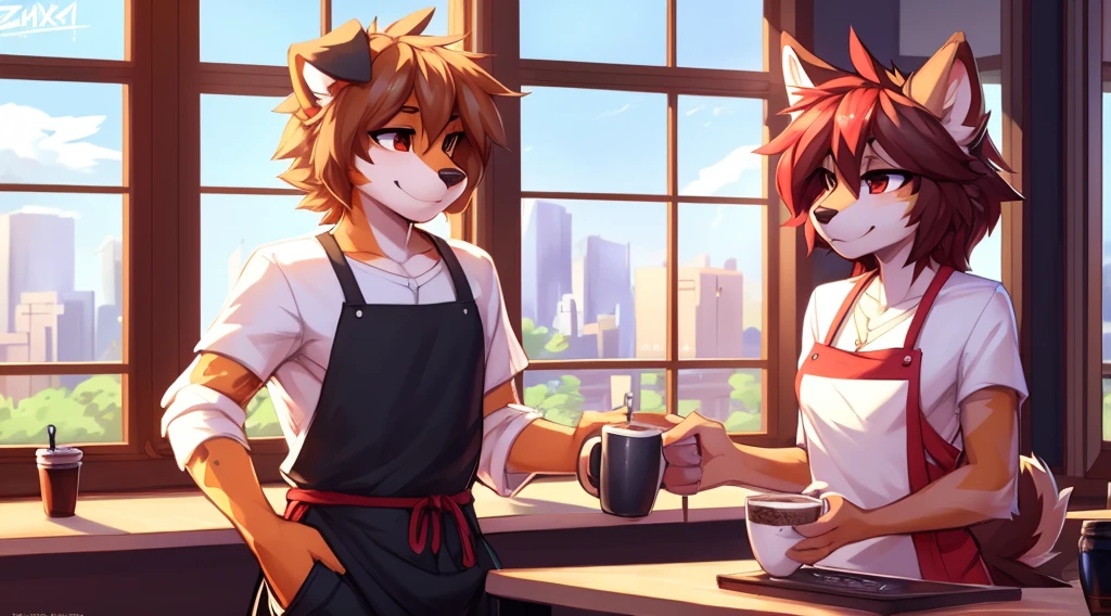 anthro,(feminine) male, Australian shepherd, wearing baggy pants and black t-shirt+, cafe, window view, serving coffee, green and red apron, by Zackary911, by Wizzkit, by anixs, detailed feminine male body, high quality, anatomically correct, detailed face, fluffy hair, detailed background, masterpiece, 4k hd, cg