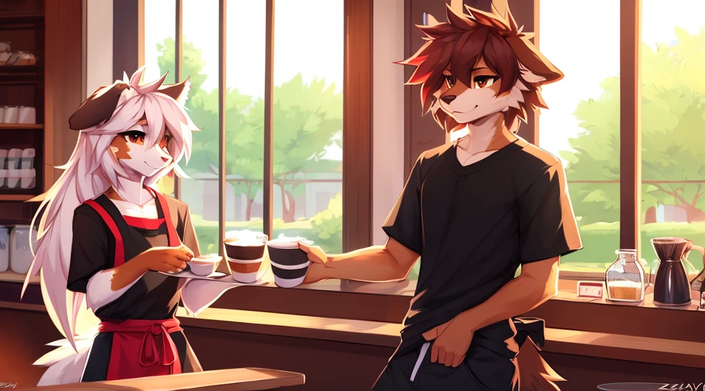 anthro,(feminine) male, Australian shepherd, wearing baggy pants and black t-shirt+, cafe, window view, serving coffee, green and red apron, by Zackary911, by Wizzkit, by anixs, detailed feminine male body, high quality, anatomically correct, detailed face, fluffy hair, detailed background, masterpiece, 4k hd, cg