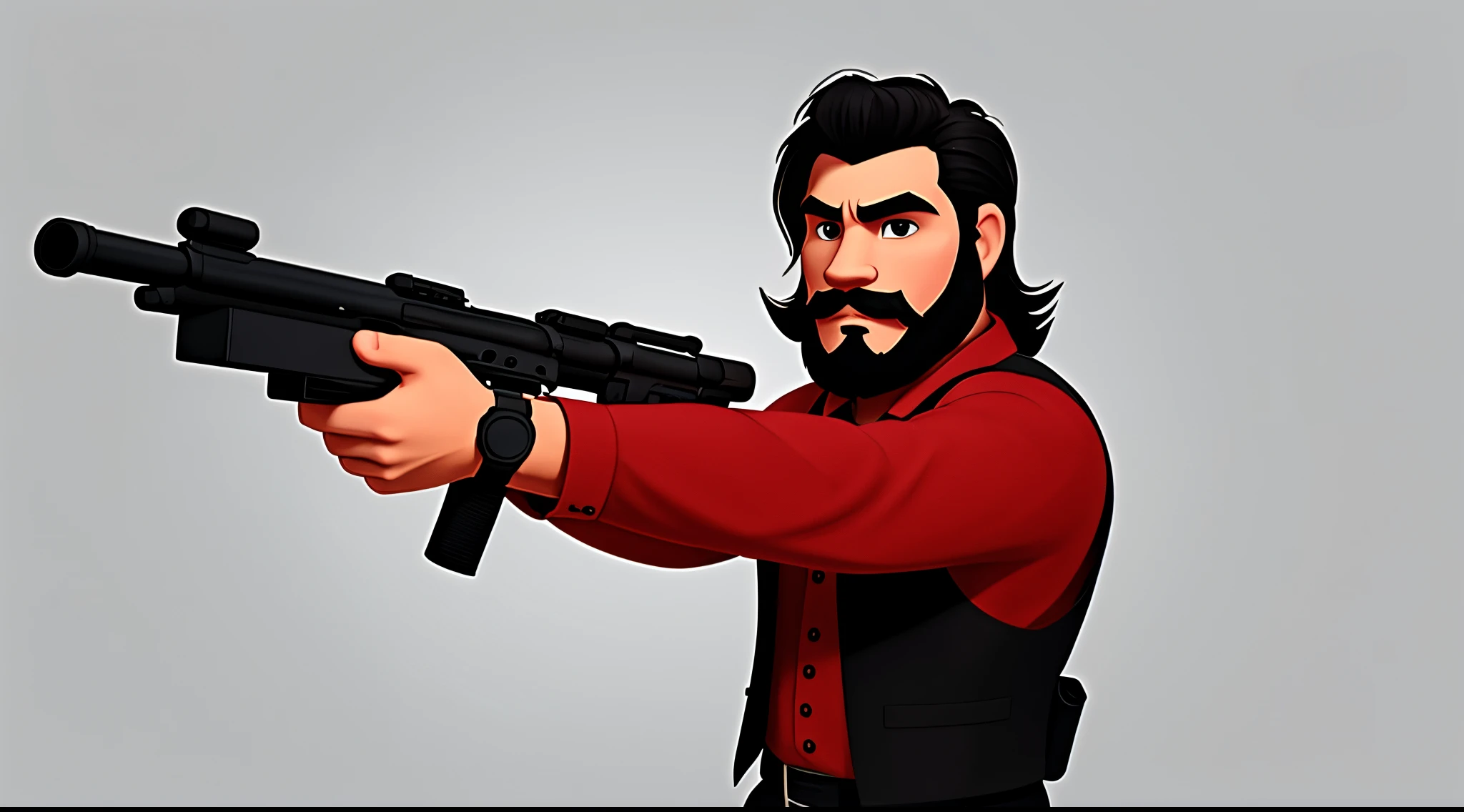 1 Man solo, solo.he has a short black beard and he has black flowing hair. Wearing red. holding gun at camera. white background