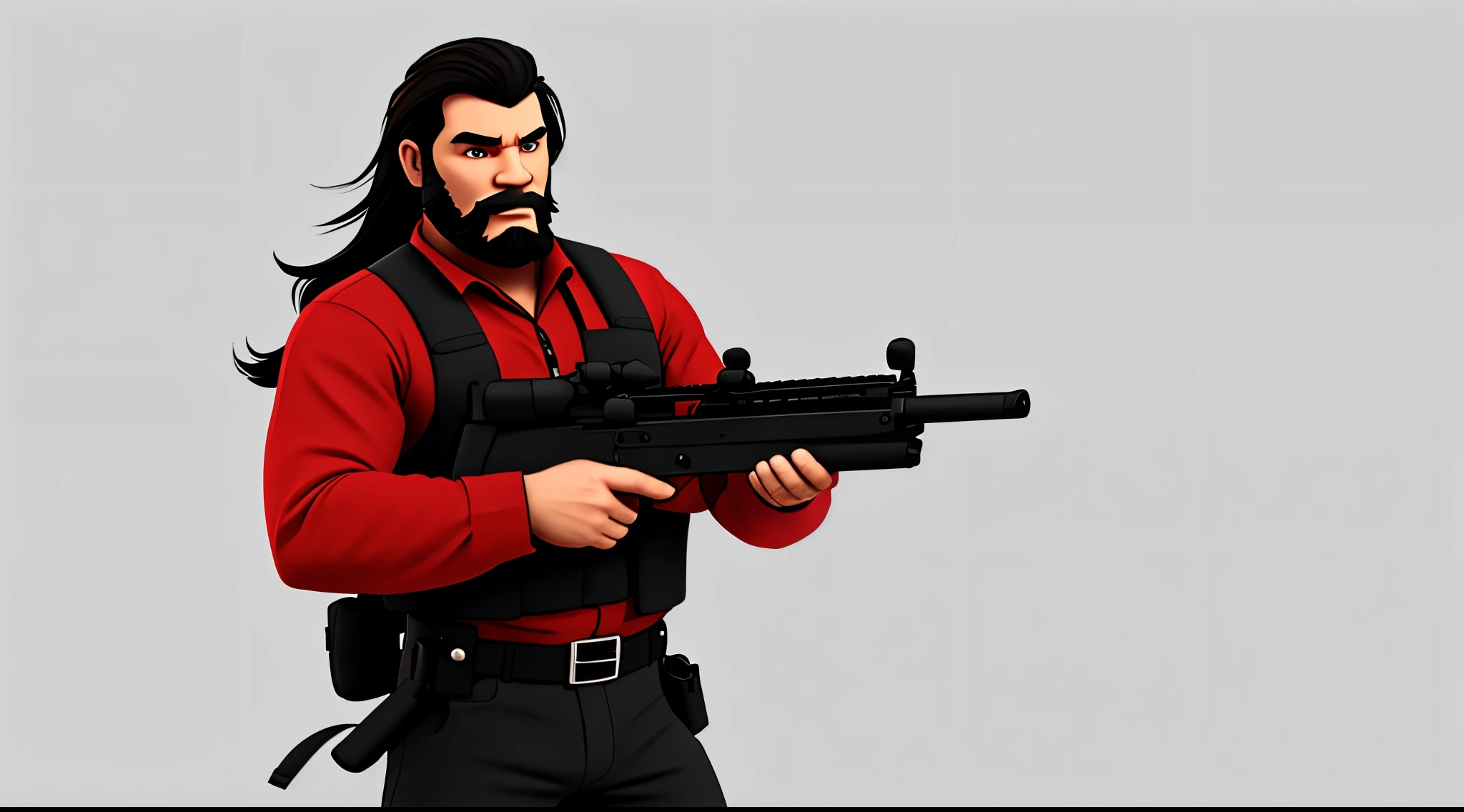 1 Man solo, solo.he has a short black beard and he has black flowing hair. Wearing red. holding gun at camera. white background