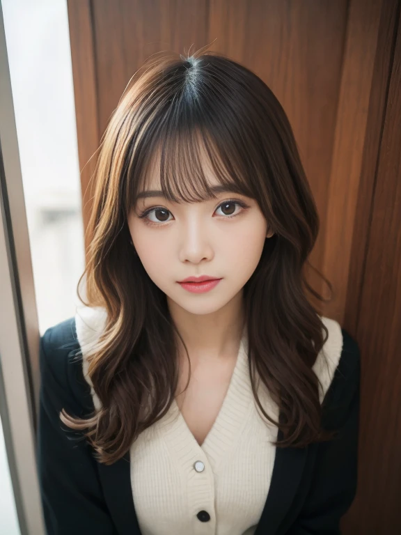 masutepiece, Best Quality, Illustration, Ultra-detailed, finely detail, hight resolution, 8K Wallpaper, Perfect dynamic composition, Beautiful detailed eyes, Winter clothes,Medium Hair,Natural Color Lip, Home front door(Curly)、20 years girl、Cute,Face that feels ecstasy,blur backgroun,KPOP Idol Face,Cute,Shoot from slightly above,Kamimei,Anatomically correct body