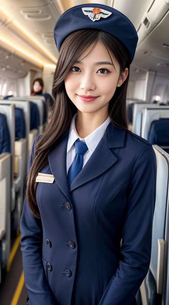 one Japanese woman, Solo, 30-years old, hyperdetailed face, Detailed lips, A detailed eye, Double eyelid both eyes, fluffy brown eyes, (Black bob hair, Like an airplane stewardess, Do a good job), (Like an airplane stewardess:1.2), (Do a good job:1.2), (Dark blue one-color stewardess uniform:1.4), (Wear a small cute little stewardess hat:1.2), (Modest smile:1.2), Perfect image realism, Background with: (Business Class aisle on airplanes:1.2), Meticulous background, detailed costume, Perfect litthing, Hyper-Realism, (Photorealistic:1.4), 8K maximum resolution, (masterpiece), Highly detailed, Professional