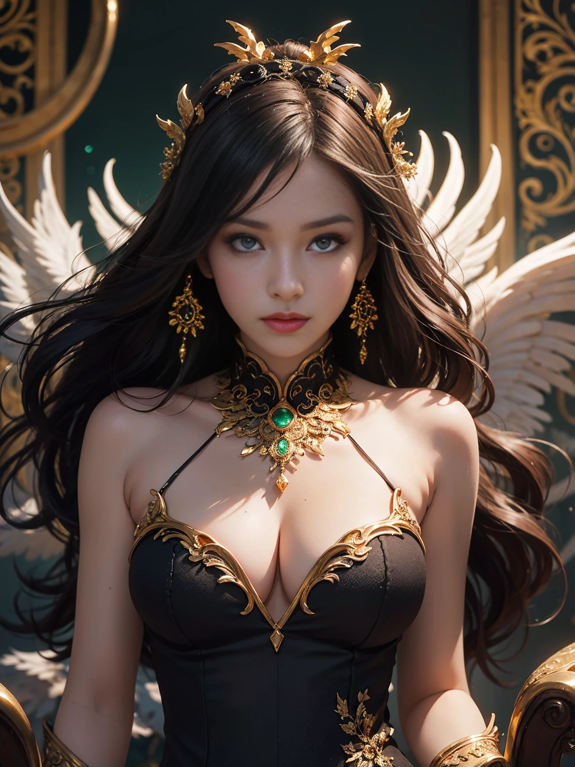 Unbeatable masterpiece, Ultra photo realism, Perfect artwork, Intricate details, Best quality, Strong warm light, 1girll , long flowing hair, medium breast, very sexy, deep cleavage, beautiful face, high detailed face, beautiful eyes, fierce look, Become a Chinese phoenix , Metamorphosis , The moment of transformation towards perfection ,Black dress, Emeralds and gold , Super detail , Bokeh photography , (soft focus):1.2 , Out-of-focus highlights ,Fantastical Atmosphere , The fascinating depth of the glowing circle