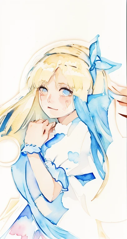 A girl with blond hair and a blue dress is crying，Watercolor illustration style，Fresh color