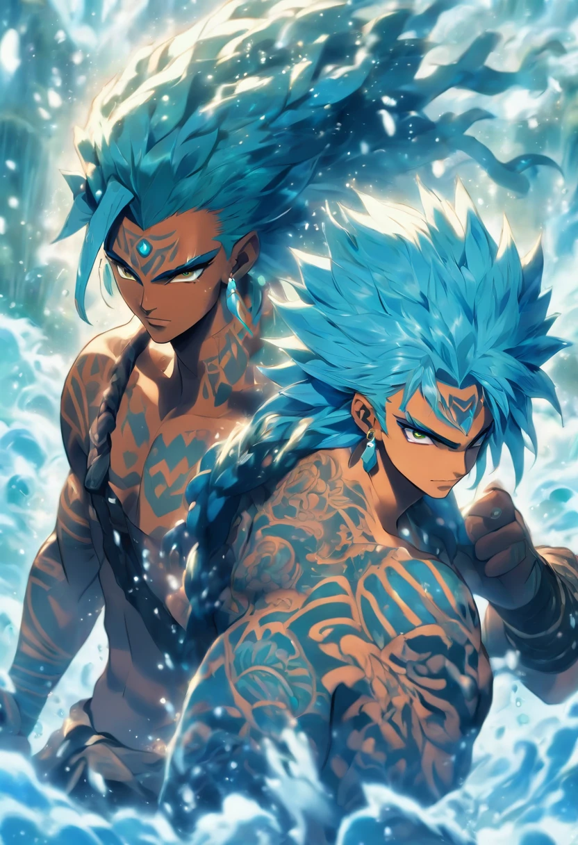 A young handsome blue skinned male couple water genasi with wet blue hair, light blue eyes, Polynesian tribal tattoos, and wielding a spear. High detail. Digital fantasy art.